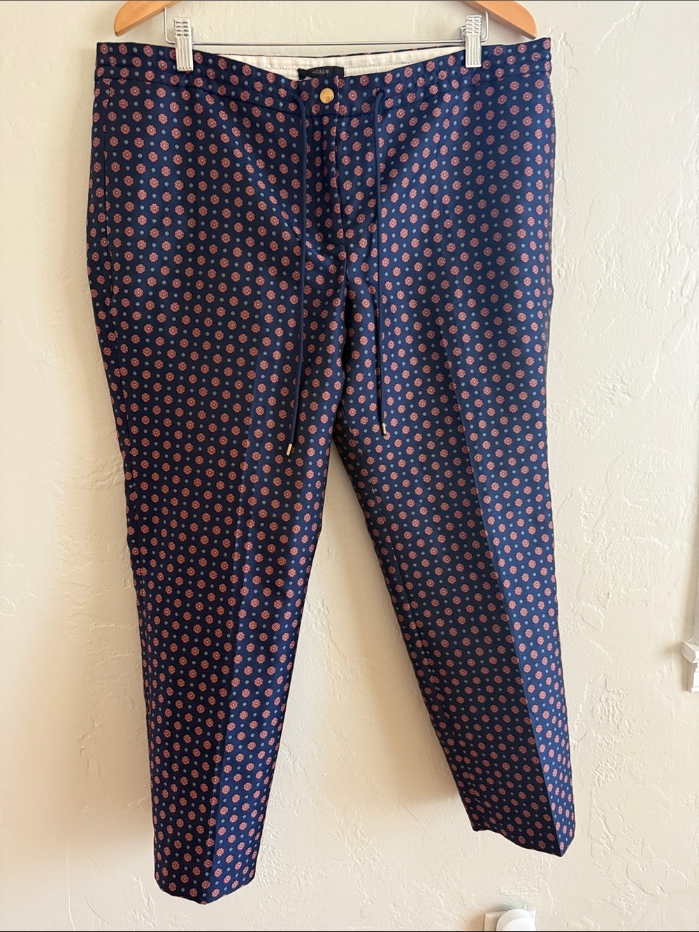 J. Crew Navy Ankle Pants with Red Dot Pattern